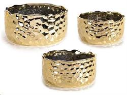 SET 3 VASI IN CERAMICA MARTELLATA DORATA EFFETTO METALLO