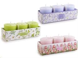 SCATOLA CON 3 CANDELE PROFUMATE E COLORATE ERBE E CAMOMILLA