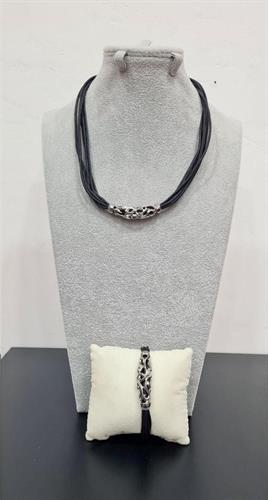 COLLANA CON BRACCIALE UNISEX CON FILO DI COTONE NERO E ACCIAIO